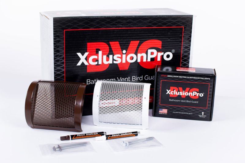 XclusionPro® Bathroom Vent Guard (BVG) Kit showing brown and white guards, paint markers, and screws for installation