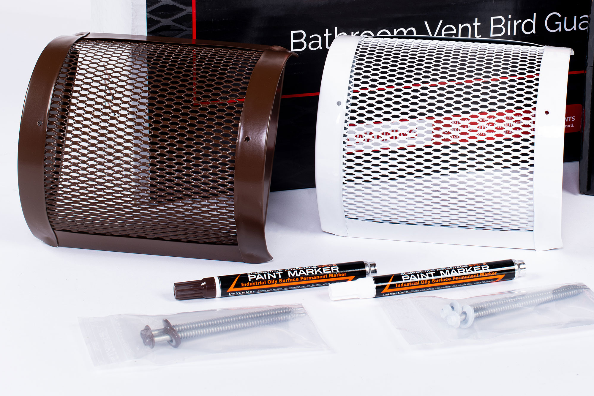 XclusionPro® Bathroom Vent Guard (BVG) Kit including brown and white guards, paint markers, and screws for installation