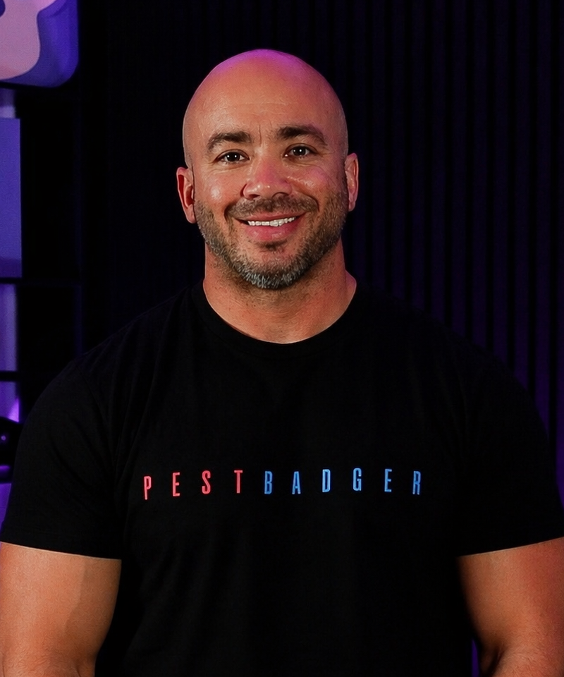 Smiling man with a shaved head in a black T-shirt that reads PEST BADGER, posed in a purple-lit studio backdrop.