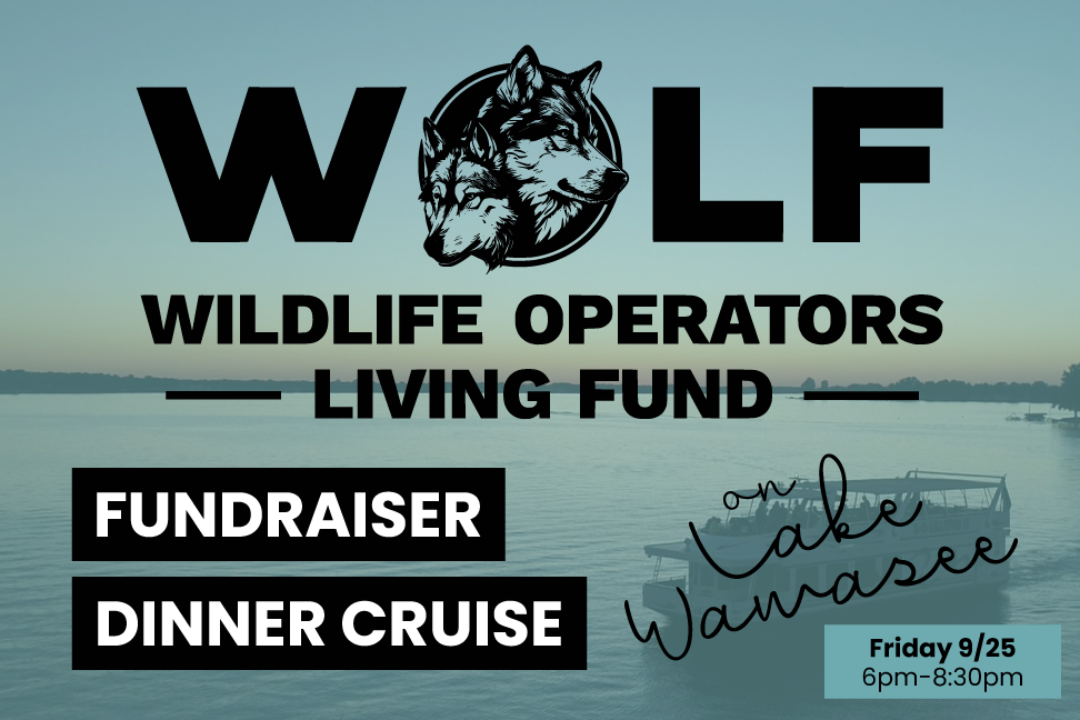 Event poster for Wolf Wildlife Operators Living Fund fundraiser: Dinner Cruise on Friday 9/25, 6–8:30pm, with a wolves logo over a lakeside background.
