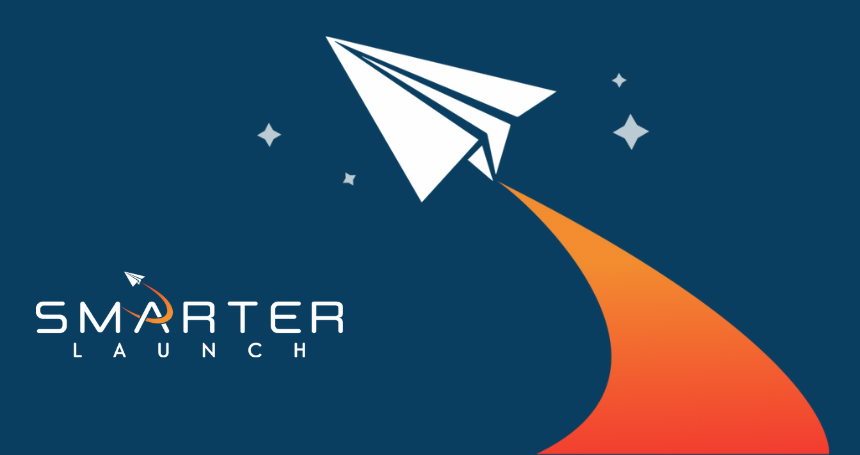 Navy background with a white paper airplane launching along an orange curved trail; 'SMARTER LAUNCH' logo on the left.